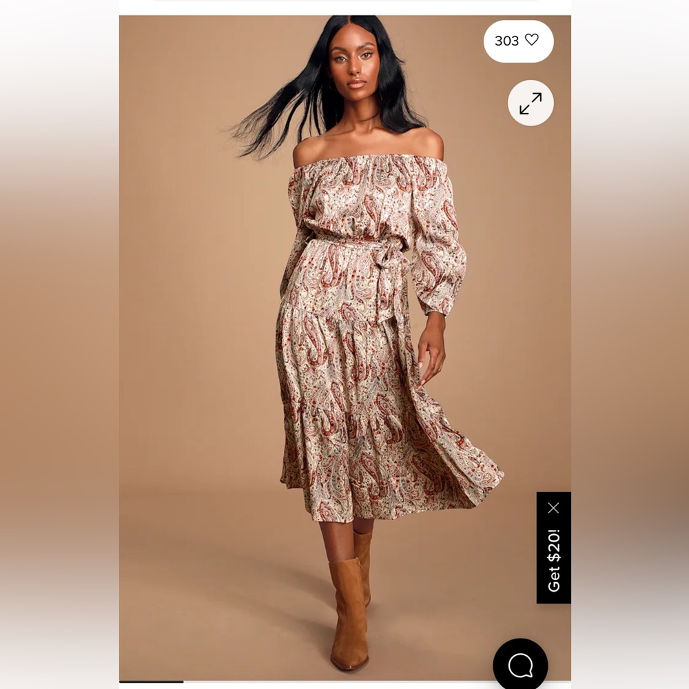 Lulu's Cream & Rust Colored Paisley 3/4 Sleeve Midi Dress Size XS